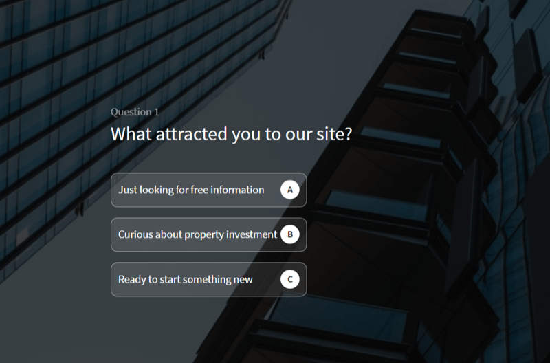 primjer kviza o web mjestu koji se koristi za kvalificiranje potencijalnih kupaca na web mjestu tvrtke za vježbanje ulaganja u nekretnine
