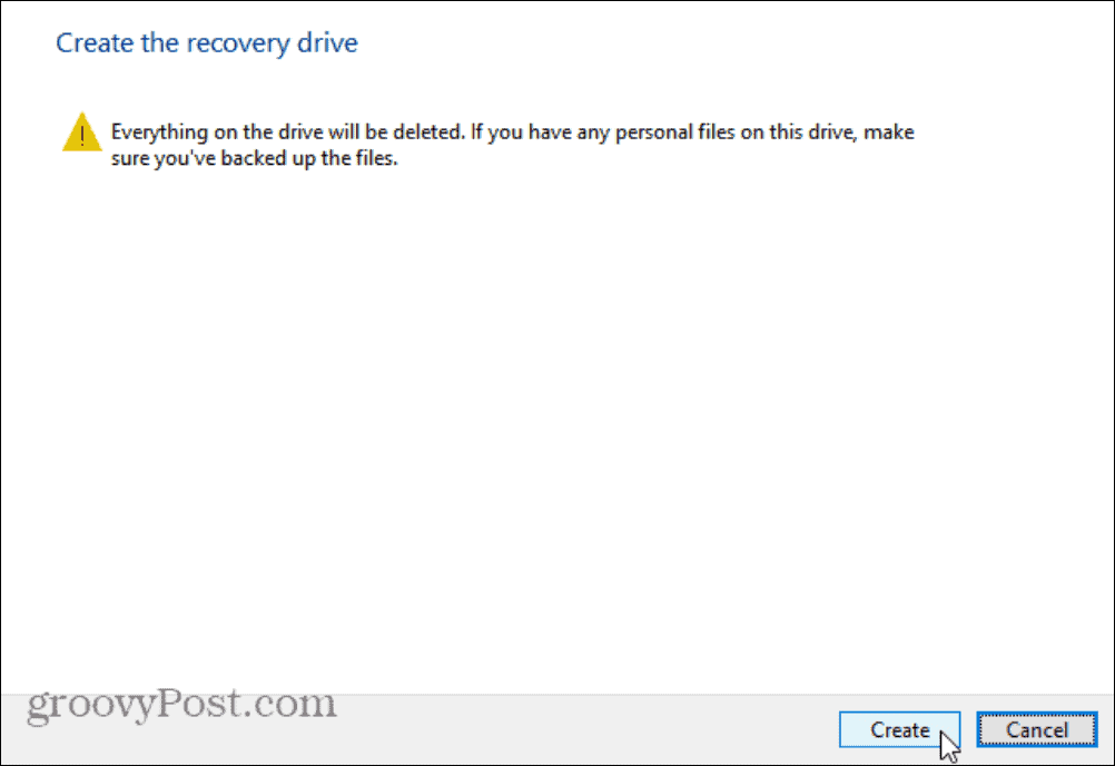 podaci će biti izbrisani poruka diska za oporavak Windows 11