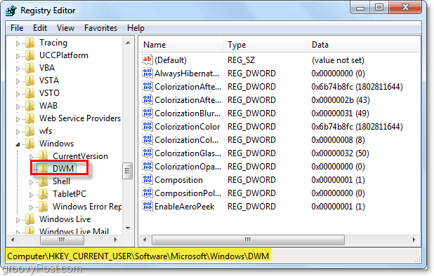 otvorite ključ registra dwm u sustavu Windows 7