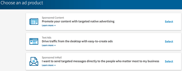 Odaberite vrstu LinkedIn oglasa koji želite stvoriti.