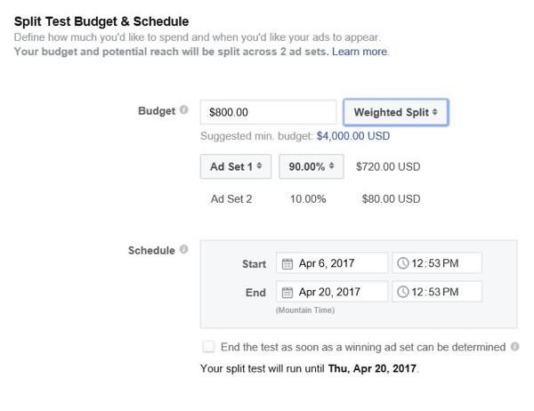 Facebook vam omogućuje da kontrolirate koliko proračuna ćete dodijeliti svakom skupu oglasa.