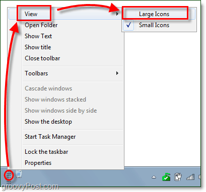 prikaz velikih ikona za alatnu traku sa zadacima u sustavu Windows 7