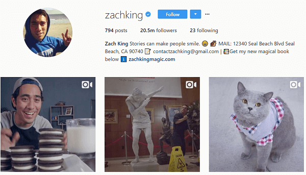 Iako je u početku koristio Instagram za repost svojih Vinesa, Zach je ubrzo počeo stvarati originalni Instagram sadržaj.