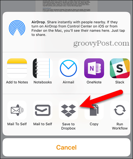 Dodirnite Dropbox na zajedničkom listu na iOS-u