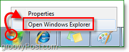za ulazak u Windows 7 Explorer, desnom tipkom miša kliknite početnu kuglu i kliknite otvoriti Windows Explorer