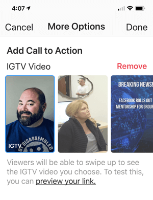 Finalizacija dodavanja IGTV video veze na vašu Instagram priču.