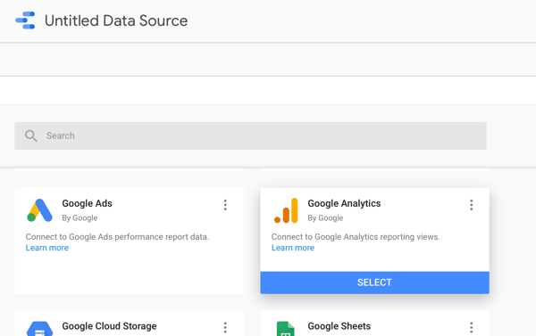Upotrijebite Google Data Studio za analizu vaših Facebook oglasa, korak 2, mogućnost upotrebe Google Analyticsa kao izvora podataka