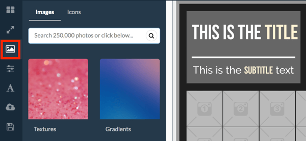 Kliknite ikonu slike u lijevom izborniku da biste pronašli slike u programu RelayThat.