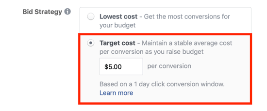 Opcija licitiranja za ciljani trošak na Facebooku.