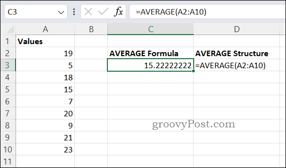 Primjer PROSJEČNE formule u Excelu