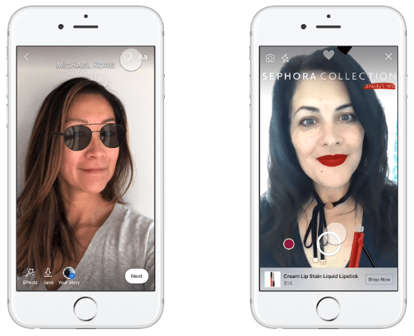 Michael Kors bio je prva marka koja je testirala AR oglase u News Feedu, omogućavajući ljudima da isprobaju sunčane naočale i izvrše kupnju na temelju svog iskustva.