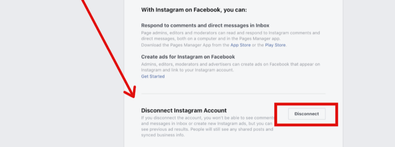 korak 2 za prekidanje veze s Instagram računom u postavkama Facebook stranice