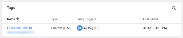 Koristite Google Tag Manager s Facebookom, korak 7, pogledajte oznaku nazvanu po vašem Facebook Pixelu