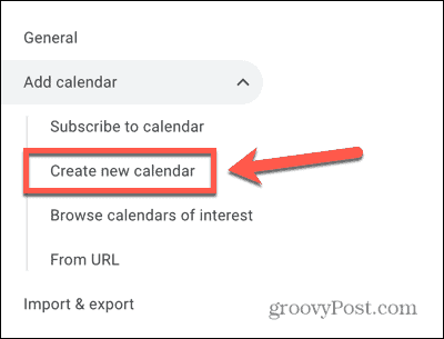 Snimka zaslona opcija za stvaranje novog kalendara za Google kalendar