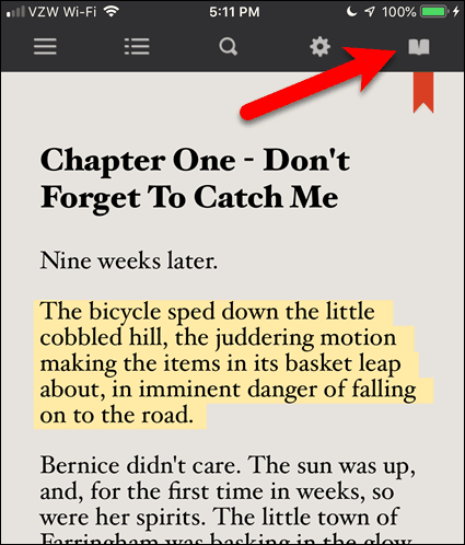 Dodirnite ikonu otvorene knjige u e-knjizi u BookFusion-u za iOS