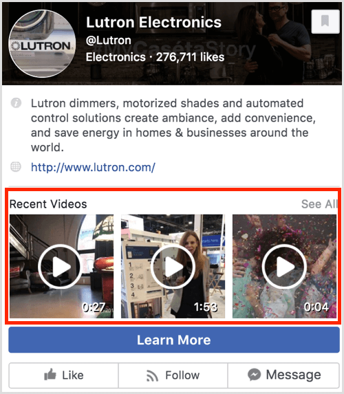 Pregled Facebook stranice koji prikazuje nedavne videozapise.