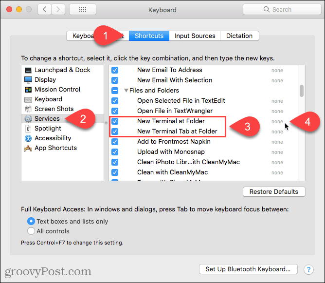 Kliknite None (Dodaj) da biste dodali prečac usluzi New Terminal at Folder na Mac računalu