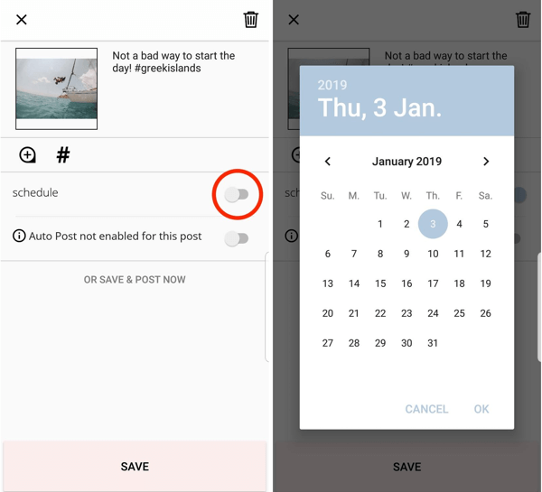 Da biste zakazali post putem Planolyja, dodirnite opciju za raspored i odaberite datum i vrijeme.