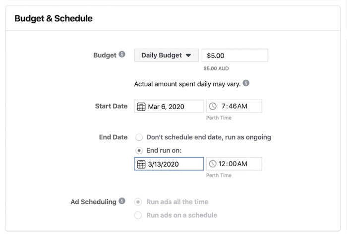 Odjeljak Proračun i raspored na razini skupa oglasa u Facebook Ads Manageru