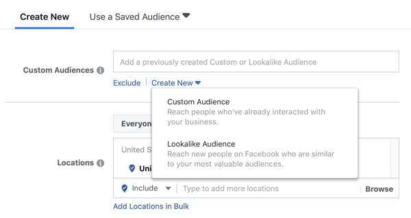 Mogućnosti korištenja prilagođene publike ili slične publike za Facebook oglasnu kampanju.