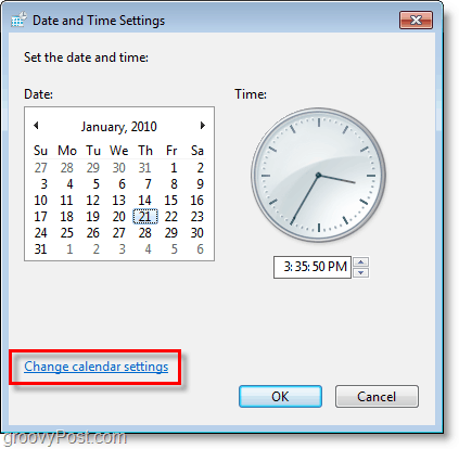 Snimak zaslona sustava Windows 7 - promijenite postavke kalendara