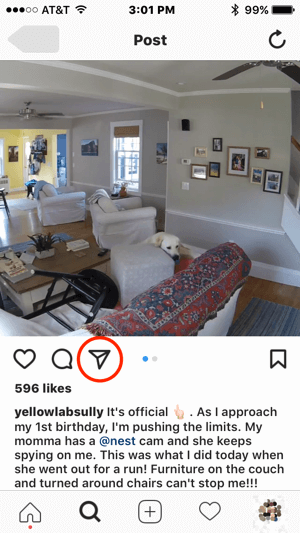 Ako je Nest želio kontaktirati ovog korisnika Instagrama za dopuštenje za upotrebu njihovog sadržaja, mogli bi započeti komunikaciju dodirom na ikonu izravne poruke.