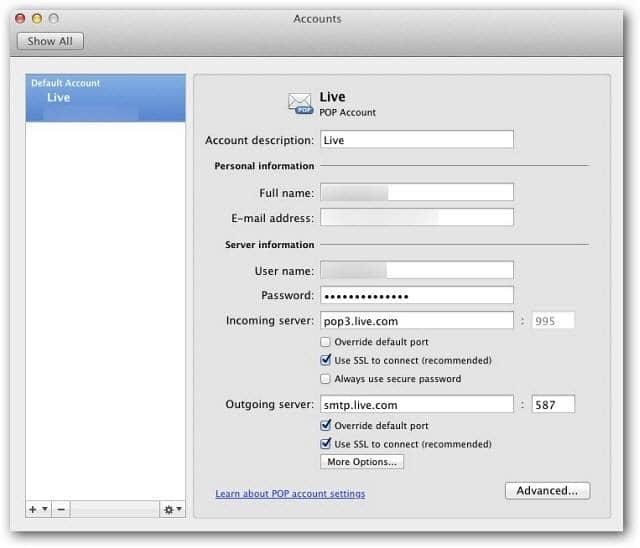 Microsoft Outlook Mac 2011: Postavljanje Windows Live pošte pomoću POP3