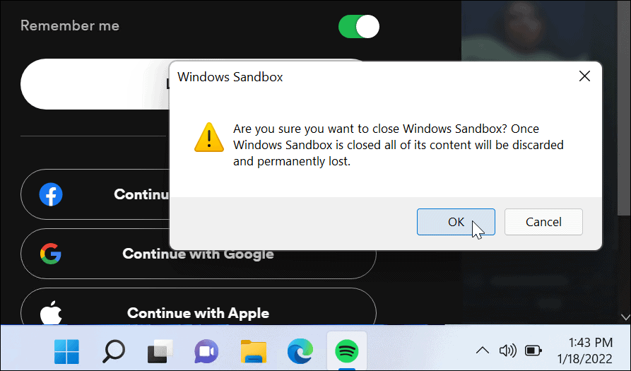 Provjerite gašenje Windows Sandbox