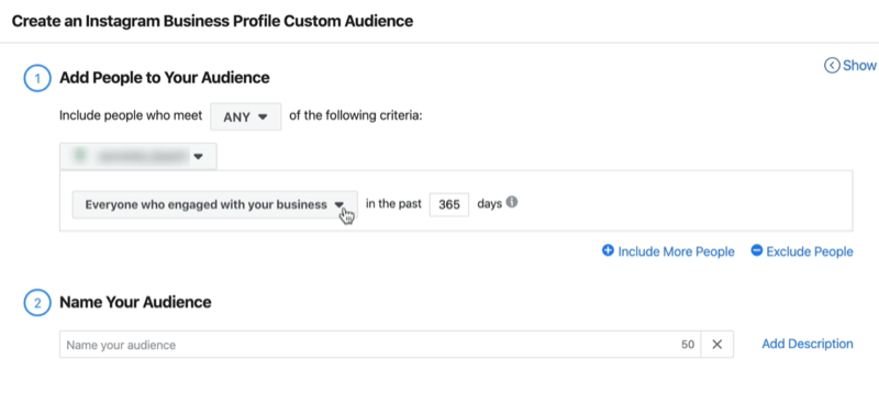 snimka zaslona Prozora prilagođene publike Stvaranje profila Instagram poslovnog profila sa zadanim postavkama svih koji su bili angažirani s vašom tvrtkom u posljednjih 365 dana