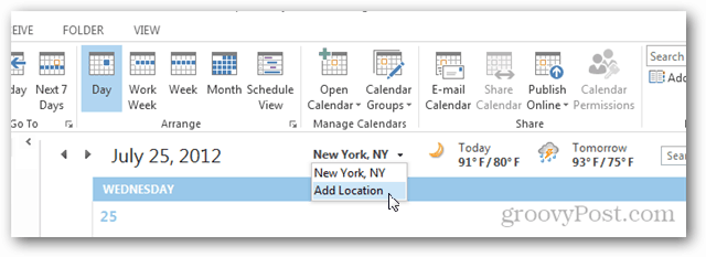 Prognoza vremena za kalendar Outlook 2013 - kliknite Dodaj lokaciju