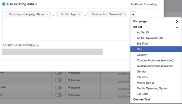 Dodajte polja za postavljanje pravila o imenovanju Facebook oglasa.