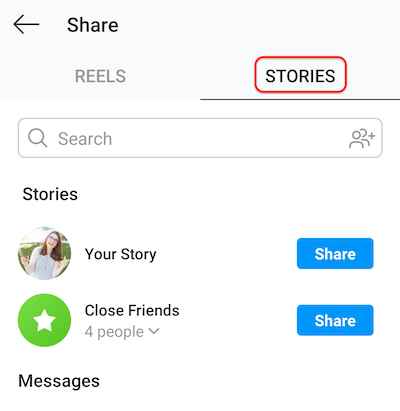 snimak zaslona zaslona za postavljanje instagrama koji prikazuje karticu priča što omogućava dijeljenje koluta na vašu priču ili na bliski popis prijatelja