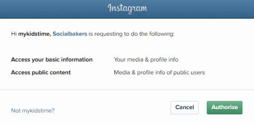 Ovlastite Socialbakere za pristup informacijama o vašem Instagram računu.