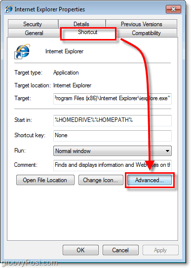 kartica prečaca u svojstvima prečaca za Windows 7 prečace