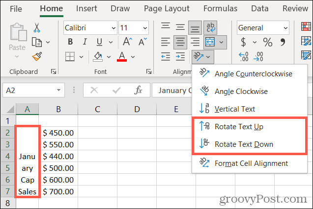 Rotirajte tekst prema gore ili dolje u Excelu