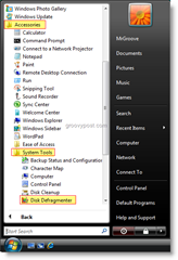 Pokrenite Defragmenter diska iz početnog izbornika Windows Vista