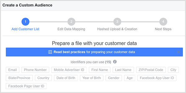 Dijaloški okvir Facebook Create a Custom Audience ima 15 različitih točaka podudaranja za vaše podatke o kupcima, a te se točke pojavljuju u sivim okvirima u dijaloškom okviru.