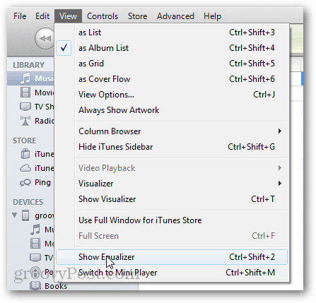 iTunes Pokaži ekvilajzer