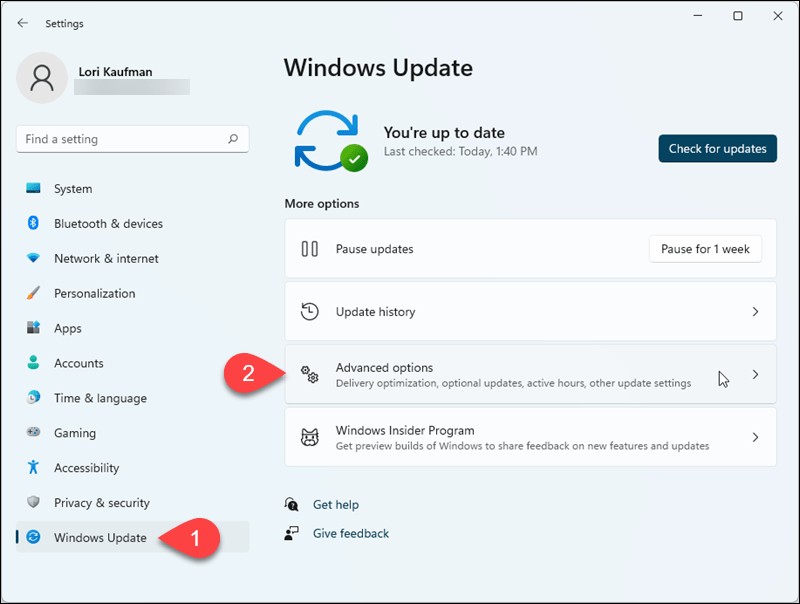 Idite na Windows Update> Napredne opcije u postavkama sustava Windows 11