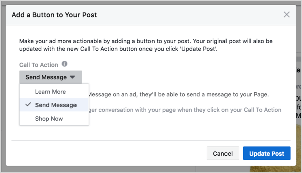 Odabir gumba Facebook Messengera u izradi oglasa.