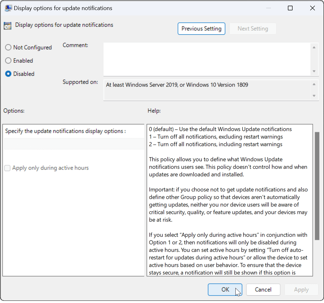 Onemogućite obavijesti o ažuriranju u sustavu Windows 11