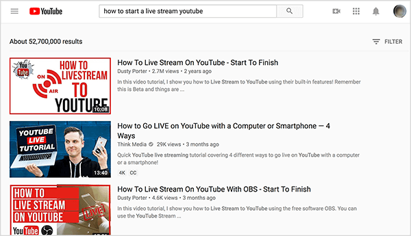 Na YouTubeu potražite "kako pokrenuti YouTube stream uživo", a najbolji rezultati pretraživanja prikazuju dva videozapisa Dusty Portera.