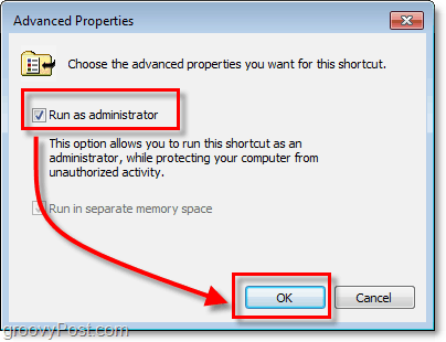 prozor naprednih svojstava za pokretanje kao administrator za prečace Windows 7