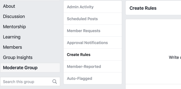 Kako poboljšati zajednicu Facebook grupa, opcija izbornika Facebook za stvaranje pravila za moderiranje vaše grupe