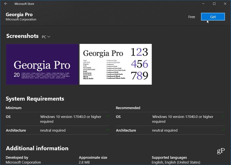 Pregledajte font Windows 10 Store