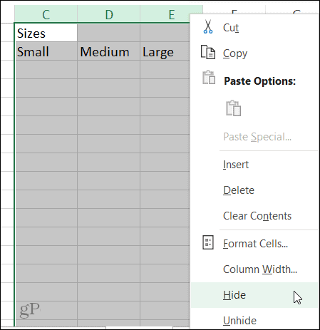 Sakrij prečac stupca u programu Excel u sustavu Windows