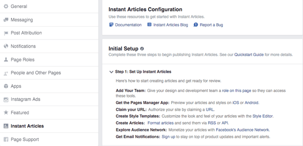 zaslon za konfiguraciju trenutnih članaka na facebooku
