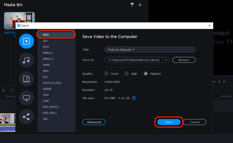izvezite video datoteku u Movavi Video Editor Plus