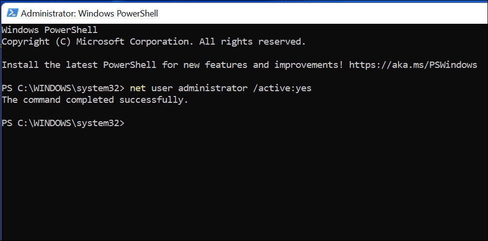 naredba za omogućavanje administratorskog računa u sustavu Windows 11