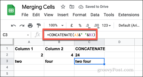 Primjer CONCATENATE formule u Google tablicama koristeći prazne tekstualne nizove